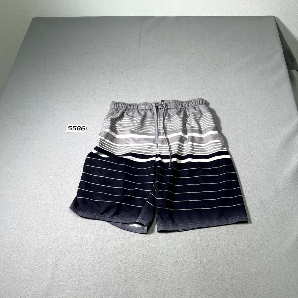 U.S. Apparel Swimming Trunks Shorts Mens Large Black Gray Striped Mesh Lined‎